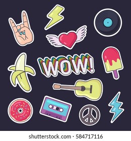 Fashion patch badges. Set of stickers, pins, patches in cartoon comic style of 80s-90s. Vector illustration isolated on background.