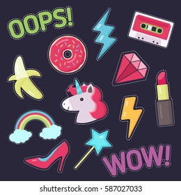 Fashion patch badges. Set of stickers, pins, patches in cartoon comic style of 80s-90s. Vector illustration isolated on background.