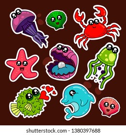 Fashion patch badges with shell, crab, sea, water, octopus, star fish and other. Very large set of girlish and boyish stickers, patches in cartoon isolated.Trendy print for backpacks, things,clothes