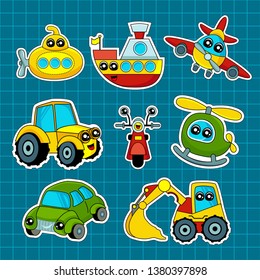 Fashion patch badges with ship, car, aircraft, scooter, motorcycle and other. Very large set of girlish and boyish stickers, patches in cartoon isolated.Trendy print for backpacks, things, clothes