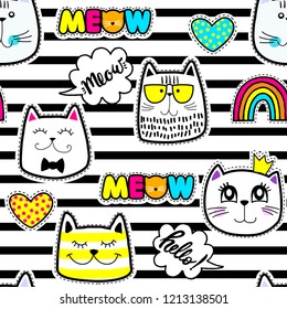Fashion patch badges in sketch comics style. Abstract seamless pattern. Stickers cats on repeated stripes background.