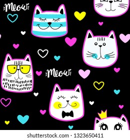 Fashion patch badges in sketch comics style. Abstract seamless pattern. Stickers cats on black background