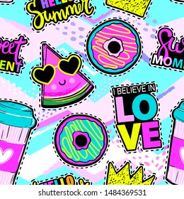 Fashion Patch Badges In Sketch Comics Style. Abstract Seamless Pattern. Cool Stickers On Colorful Background For Teen Girl