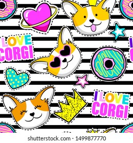 Fashion patch badges in sketch comics style. Abstract seamless pattern. Cool stickers on colorful background with corgi