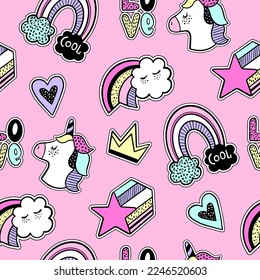 Fashion patch badges in sketch comics style. Abstract seamless pattern. Stickers hearts, crown, rainbow, stars, unicorn on pink  background.