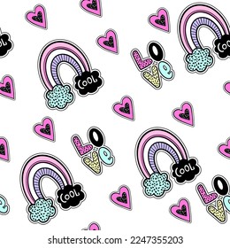 Fashion patch badges in sketch comics style. Abstract seamless pattern. Stickers hearts and rainbow on white  background.