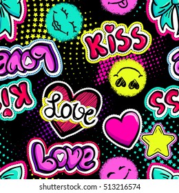 Fashion patch badges in sketch comics style. Abstract seamless pattern. Hearts,stars, eyes, other elements on black background.