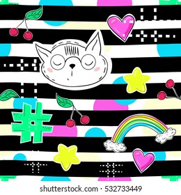 Fashion patch badges in sketch comics style. Abstract seamless pattern. Hearts, rainbow, star, cat other elements on repeated stripes background. Modern background.