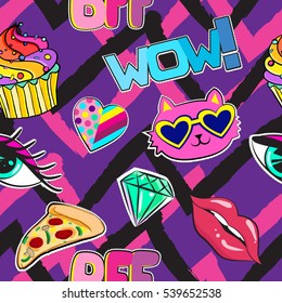 Fashion patch badges in sketch comics style. Abstract seamless pattern. Hearts, cakes, oops, wow, pizza, cat other elements on repeated stripes background.  Modern grunge background . 