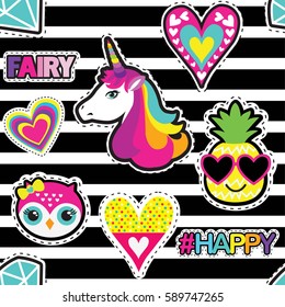 Fashion patch badges in sketch comics style. Abstract seamless pattern. Hearts,pineapple, owl, unicorn, diamond and hashtags elements HAPPY, FAIRI on repeated stripes background.