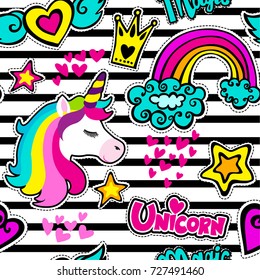 Fashion patch badges in sketch comics style. Abstract seamless pattern. Stickers hearts, crown, rainbow, stars, unicorn on repeated stripes background.