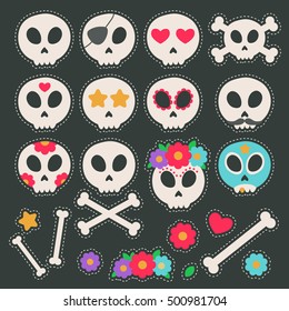 Fashion patch badges with skulls, hearts, stars and other elements. Vector illustration isolated on black background. Set of stickers, pins, patches in flat style.