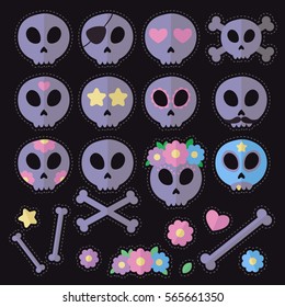 Fashion patch badges with skulls, hearts, stars and other elements. Vector illustration isolated on black background. Set of stickers, pins, patches in flat style