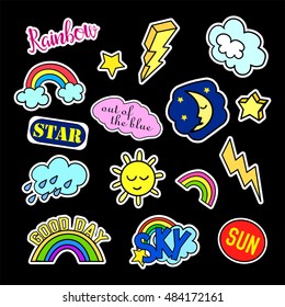 Fashion patch badges. Sky set. Stickers, pins, patches and handwritten notes collection in cartoon 80s-90s comic style. Trend. Vector illustration isolated. Vector clip art.