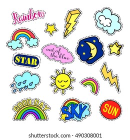 Fashion patch badges. Sky set. Stickers, pins, patches and handwritten notes collection in cartoon 80s-90s comic style. Trend. Vector illustration isolated. Vector clip art.