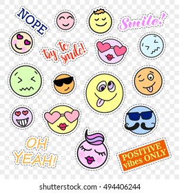 Fashion patch badges. Smiles set. Stickers, pins, patches and handwritten notes collection in cartoon 80s-90s comic style. Trend. Vector illustration isolated. Vector clip art.