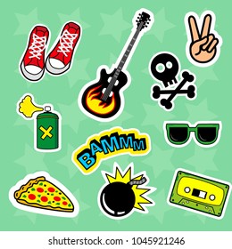 Fashion patch badges with speech bubbles, skull, Audiocassette, love, boom, glasses, peace, bomb, guitar, pizza, Sneakers and other. Very large set of girlish stickers, patches in cartoon isolated