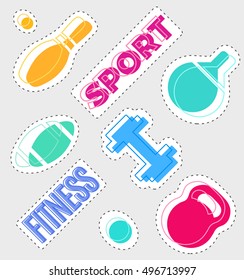 Fashion patch badges with sport elements. Set of stickers, pins, patches in cartoon modern style. Vector illustration isolated for cut out, vector clip art.
