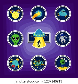Fashion patch badges with star, aircraft, astronaut, ufo, rocket and other. Large set of girlish and boyish stickers, patches in cartoon isolated.Trendy stickers print for backpacks, things, clothes