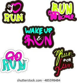 Fashion patch badges. Sticker Pin trendy label patch. Set of running marathon logo and jogging emblems, labels and badges. vector illustration. Running logo training athlete symbols. 