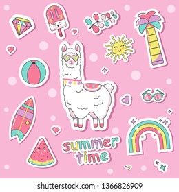 Fashion patch Badges stickers with cute llama, rainbow, diamond, surfboard, palm tree, ice cream, summer time, watermelon on a pink background 