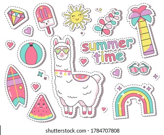 Parche de moda Pegadizos con llama, arcoiris, diamante, tabla de surf, palmera, helado, verano, sandía en un fondo rosado