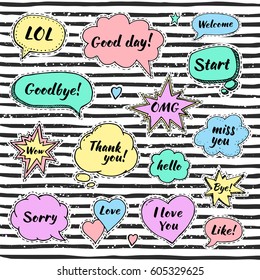 Fashion patch badges and stickers. Hand drawn set of speech bubbles with dialog words: Hello, Love, Sorry, Welcome, Bye. Vector illustration