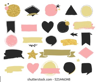 Fashion patch badges and stickers, labes and sale tags. Gold hearts, speech bubbles, stars and other elements. Vector element, backgrounds. Set of stickers, pins, patches, chic style