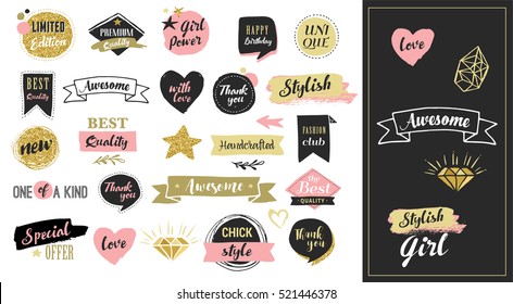 Fashion patch badges and stickers, labes and sale tags. Gold hearts, speech bubbles, stars and other elements. Vector element, backgrounds. Set of stickers, pins, patches, chic style