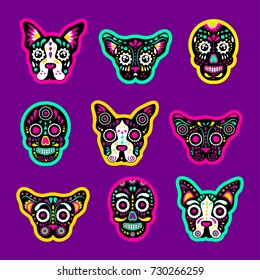 Fashion patch badges with sugar skull, dog and cat, day of the dead Very large set of girlish and boyish stickers, patches in cartoon isolated.Trendy print for backpacks, things,clothes