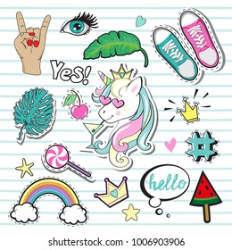 Fashion Patch Badges with summer elements, hands and unicorn