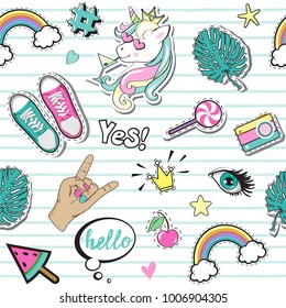 Fashion Patch Badges with summer elements, hands and unicorn seamless pattern
