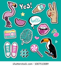 Fashion Patch Badges with summer elements on a blue background