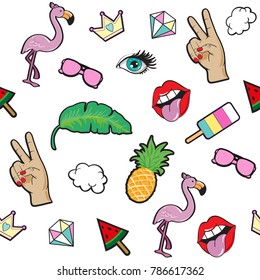 Fashion Patch Badges with summer elements. Flamingo, lips, unicorn. Pop art collection seamless pattern