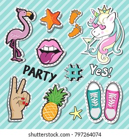 Fashion Patch Badges with summer elements and unicorn