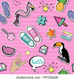 Fashion Patch Badges with summer elements collection on a pink background seamless pattern