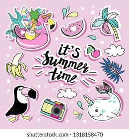 Fashion patch badges with summer items on a pink background
