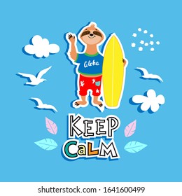 Fashion patch badges with a summer sloth on a surfboard and an inscription Keep calm on a blue background