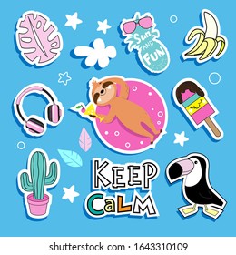 Fashion patch badges with a summer sloth, toucan, ice cream, palm leaves and a pineapple and an inscription Keep calm on a blue background. Summer collection