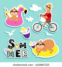 Fashion patch badges with summer sloths on a blue background. Sloth on an inflatable pink flamingo, on a bicycle, on a rubber ring and the inscription summer