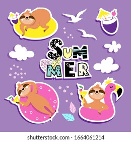 Fashion patch badges with summer sloths on a purple background. Sloth on an inflatable pink flamingo and on a rubber ring and the inscription summer for children