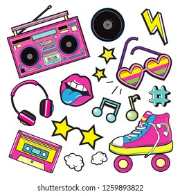 Fashion Patch Badges with tape recorder, cassette, rolls, glasses and sheet music. Pop art elements on a white background