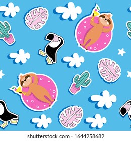 Fashion patch badges with a toucan, summer sloth, palm leaves and a cactus on a blue background. Summer seamless pattern for children