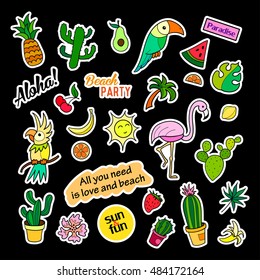 Fashion patch badges. Tropical set. Stickers, pins, patches and handwritten notes collection in cartoon 80s-90s comic style. Trend. Vector illustration isolated. Vector clip art.