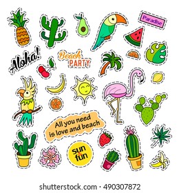 Fashion patch badges. Tropical set. Stickers, pins, patches and handwritten notes collection in cartoon 80s-90s comic style. Trend. Vector illustration isolated. Vector clip art.