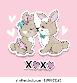 Fashion patch badges with two kissing bunnies on a pink background. Postcard to the day of St. Valentine. Vector illustration