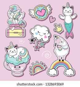 Fashion patch badges with unicorn, cat unicorn, cat mermaid and llama on a pink background