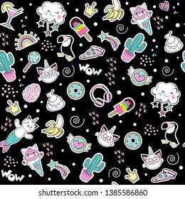 Fashion patch badges with unicorn, cat unicorn, cat mermaid and llama on a black background seamless pattern