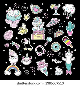 Fashion patch badges with unicorn, cat unicorn, cat mermaid and llama on a blue background seamless pattern