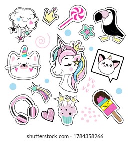 Fashion patch badges with unicorn, cat unicorn, toucan and girl items. Birthday collection